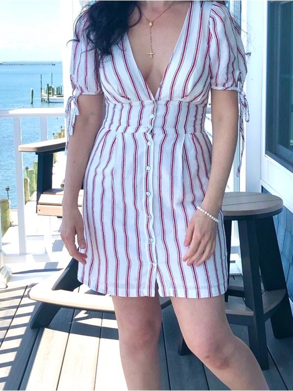 White & Red Striped Button-Front V-Neck Linen Cotton Blend Dress